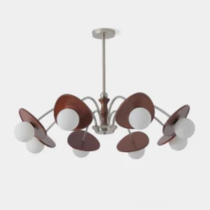 Mid-century modern sputnik chandelier with brushed nickel frame, walnut wood center post, and frosted white glass globe shades in studio view