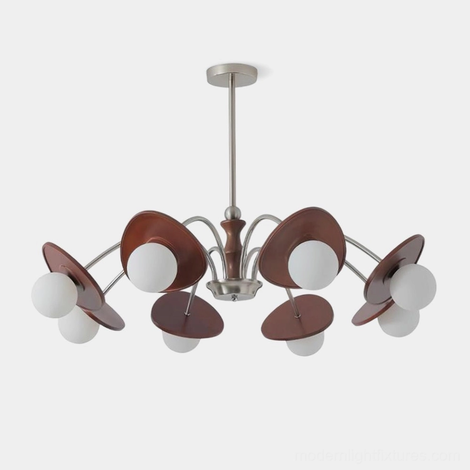 Mid-century modern sputnik chandelier with brushed nickel frame, walnut wood center post, and frosted white glass globe shades in studio view