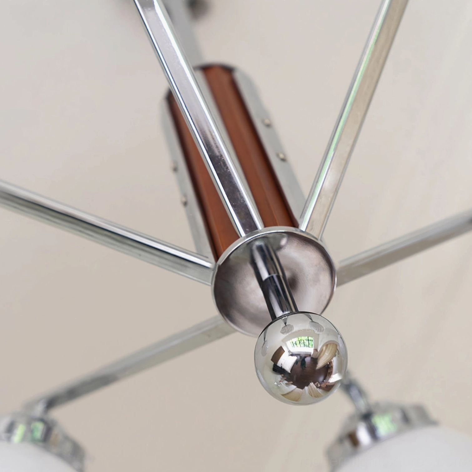 Mid-century sputnik chandelier ceiling fixture, chrome and walnut components, authentic vintage modern aesthetic