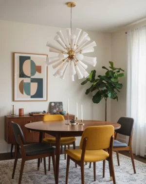 Mid-century modern Sputnik chandelier installed above dining table in warm brass finish - overhead view