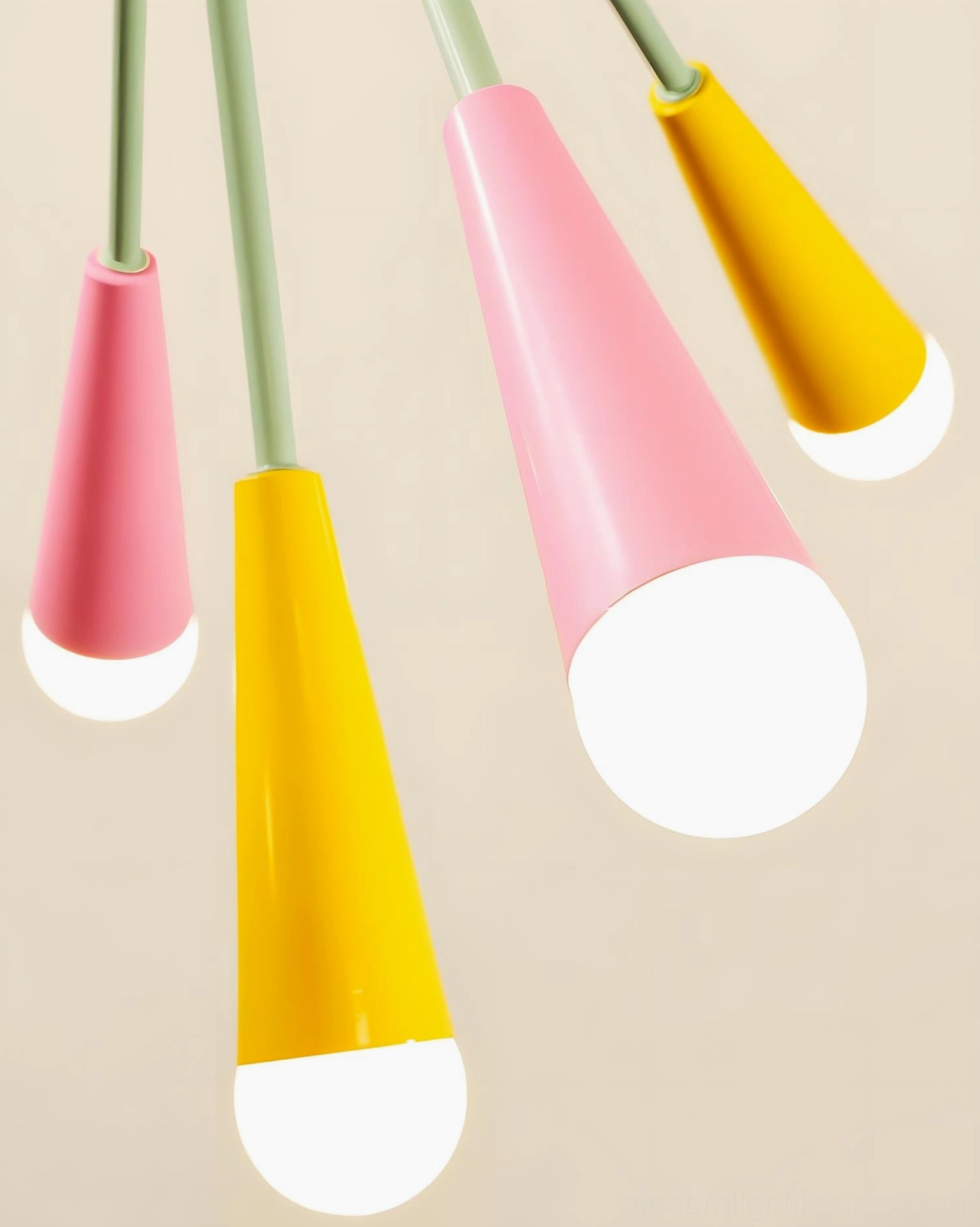 Mid-century modern sputnik chandelier showcase, full radiant starburst arms, pastel color palette with pink yellow lamp heads, sculptural pendant lighting