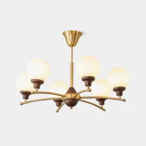 Mid-century sputnik branch chandelier with walnut wood frame and frosted glass shades in gold finish - front studio view