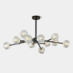 Mid-century modern sputnik crystal ball chandelier with polished brass frame and faceted clear glass spheres, overhead view