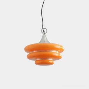 Mid-century modern stacked glass pendant light with layered orange saucer design and polished chrome hardware - studio view