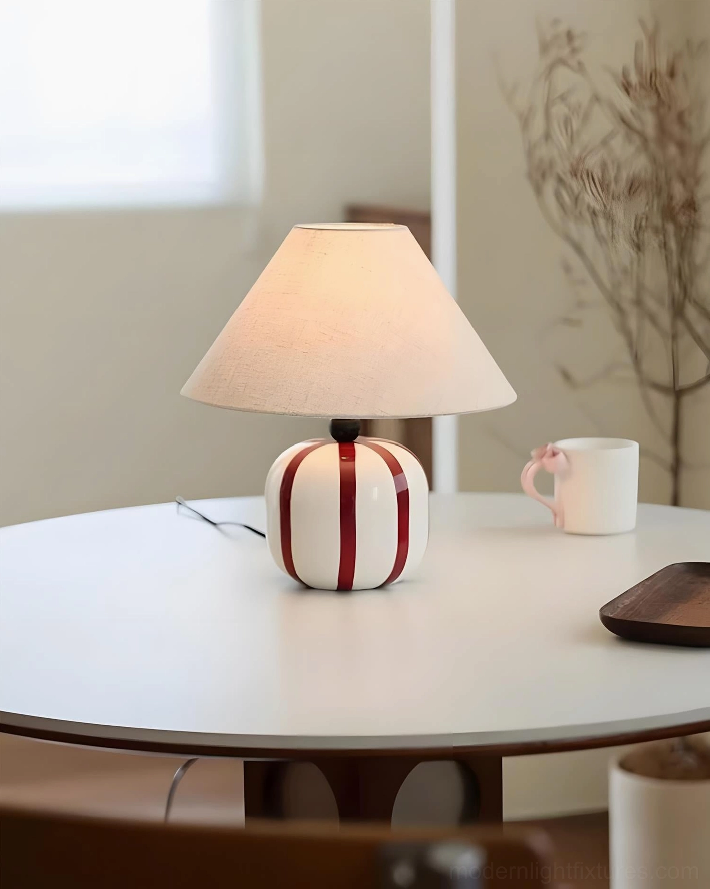 Mid-century modern striped ceramic lamp color options red blue white