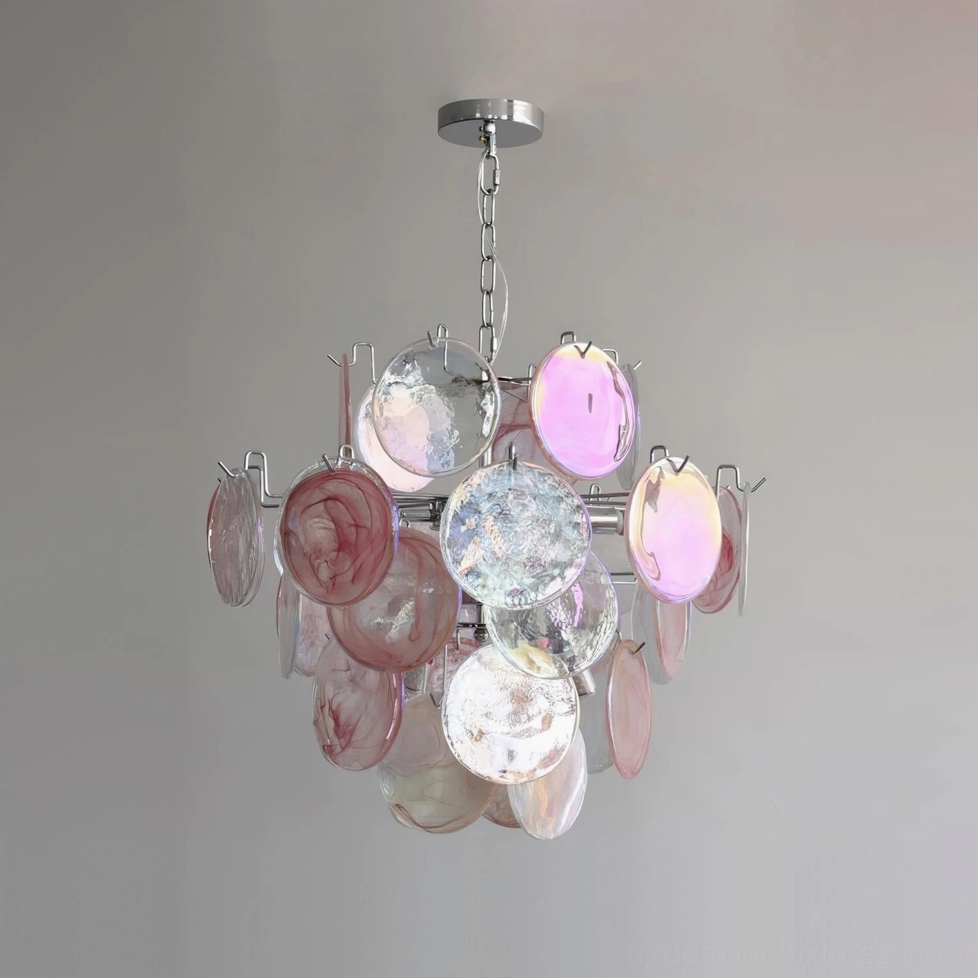 Modern mid-century style glass disc chandelier with mirrored reflections and iridescent finish
