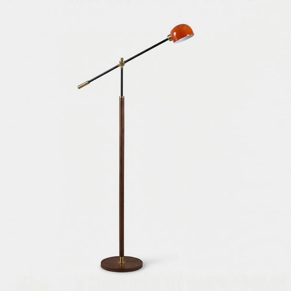 Heritage mid-century swing arm floor lamp with black and red color combo, frontal studio view showing brass accents and round metal base