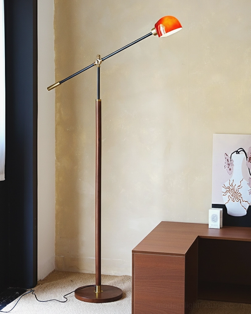 Heritage mid-century floor lamp full height view showing wood column walnut finish and round base stability