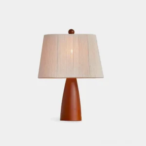 Mid-century modern table lamp with walnut wood base and beige hemp rope pleated shade, front studio view