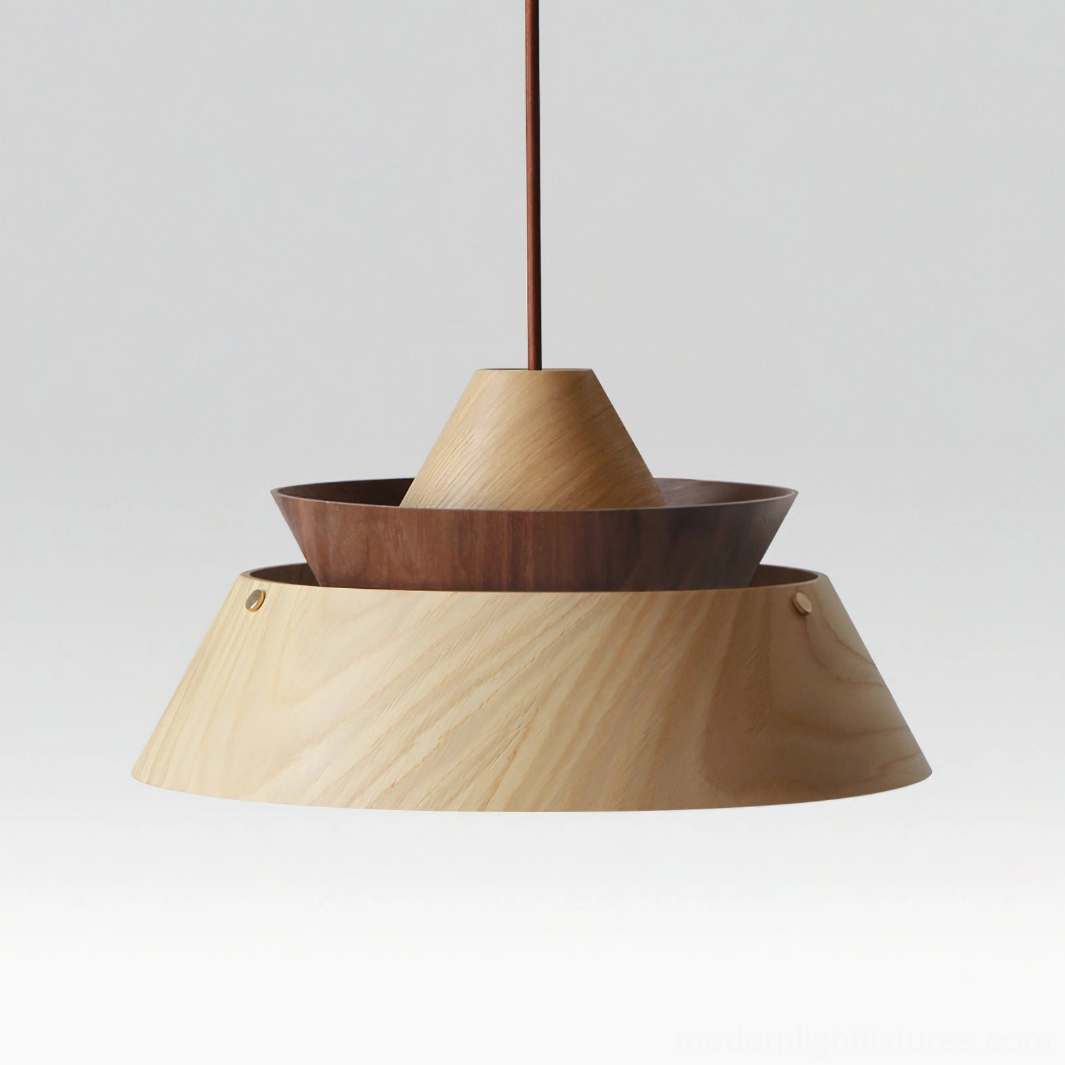 Modern tiered wood pendant lamp with mid-century design inspiration in contemporary living space