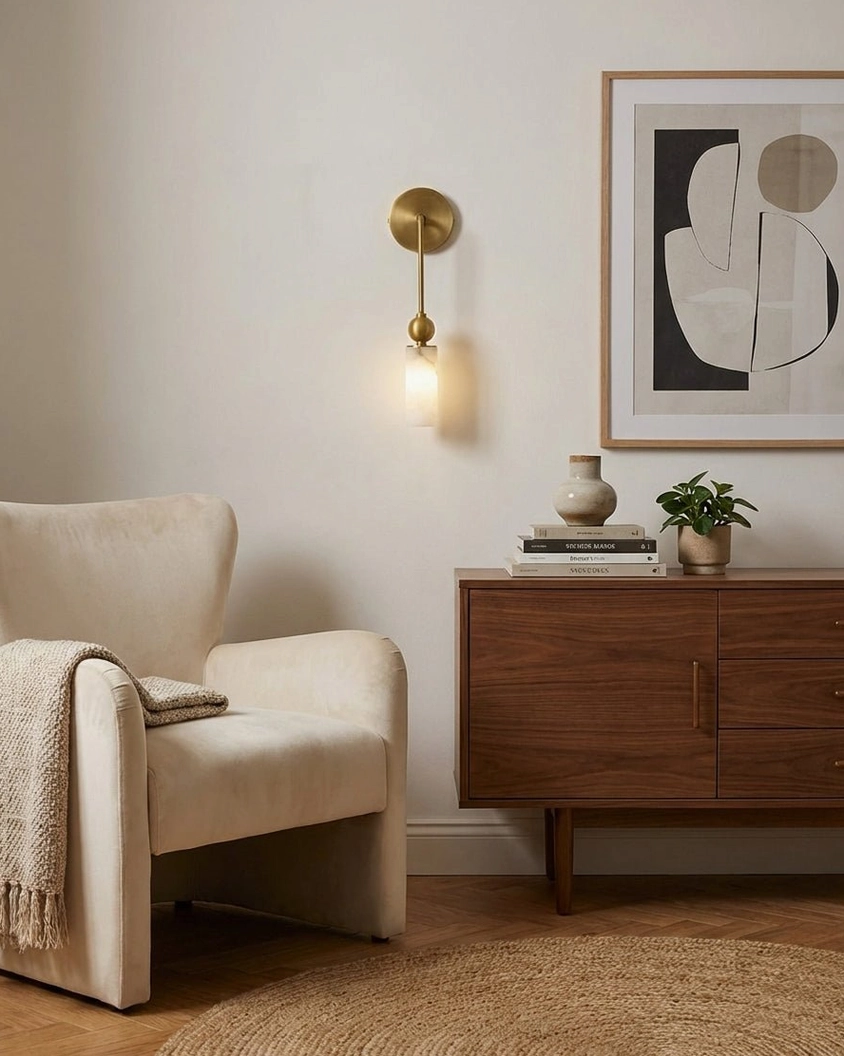 Single-drop alabaster brass wall sconce in cozy mid-century living area with beige armchair and wooden cabinet - warm modern lighting