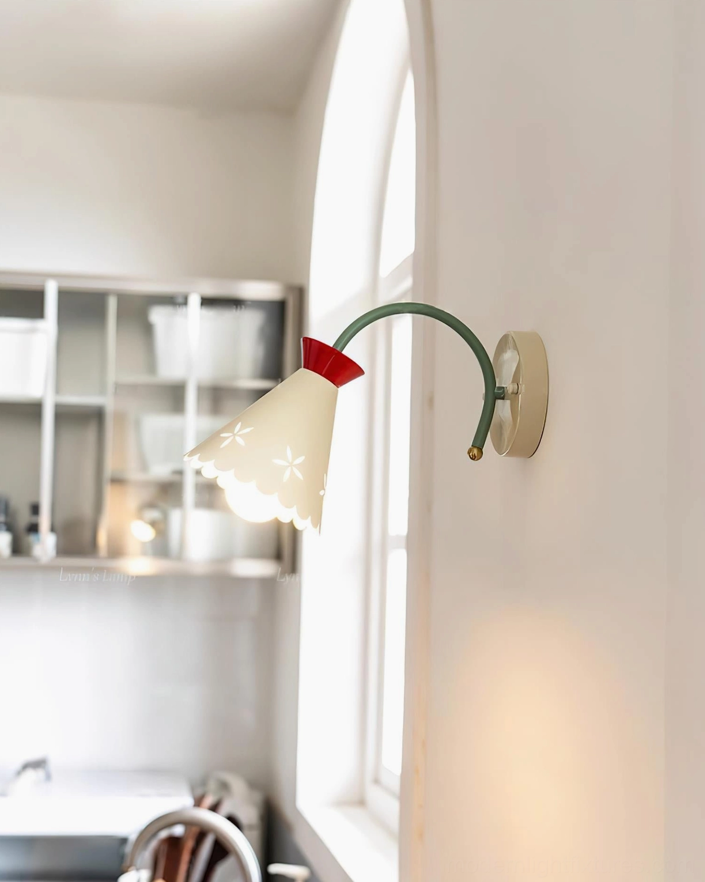 Vintage pastel wall lamp installed in modern hallway creating cozy ambiance