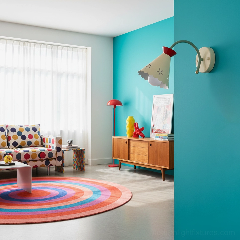 Pastel wall sconce mounted on teal accent wall in modern living room