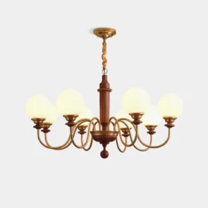 Midas mid-century modern 8-light globe chandelier front view studio shot with opal glass shades and brass metal frame