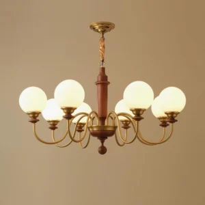 Close-up detail of Midas vintage chandelier twisted suspension rod with brown wooden central column and golden accents