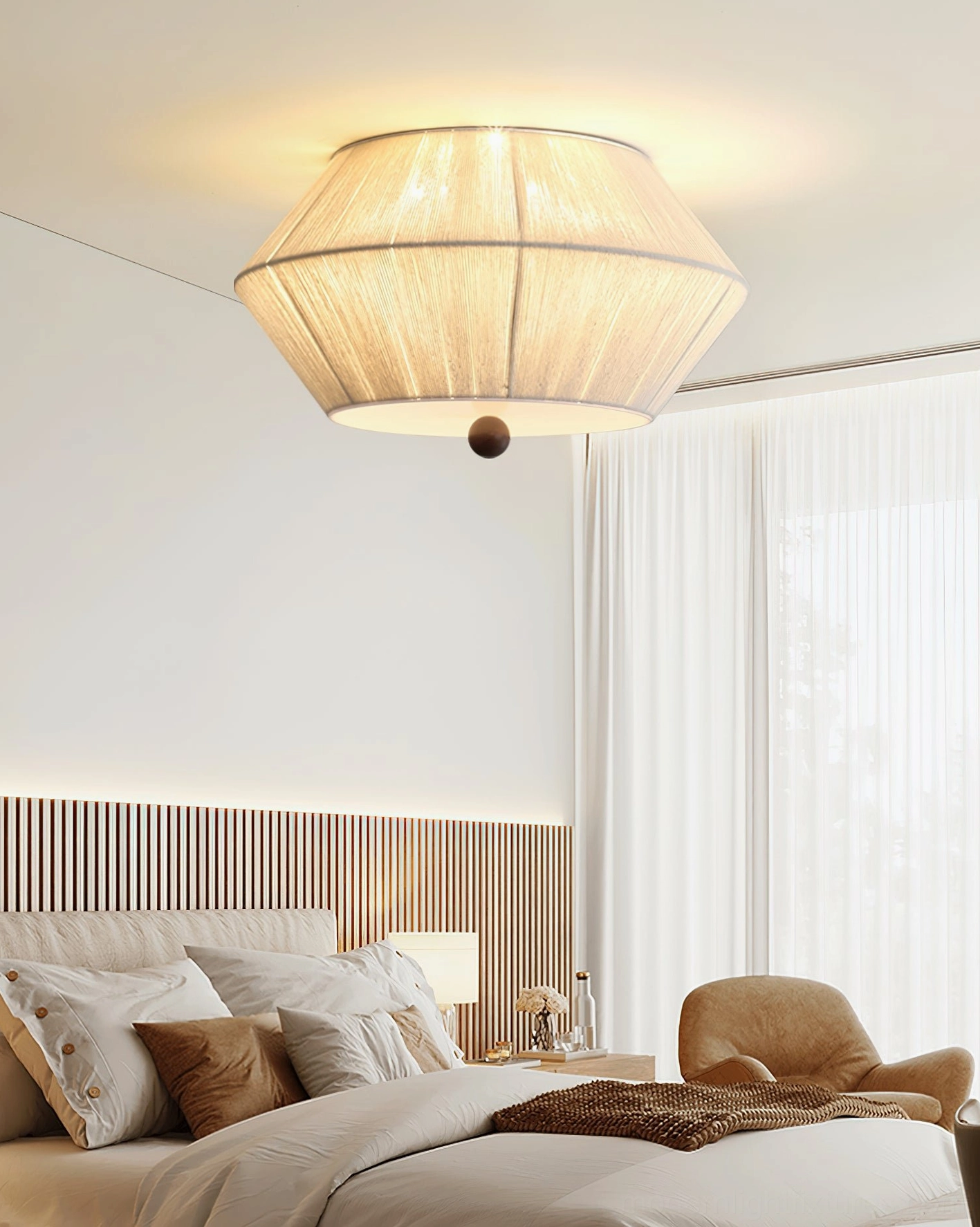 Midcentury modern inspired tapered fabric ceiling light with refined metallic canopy finish