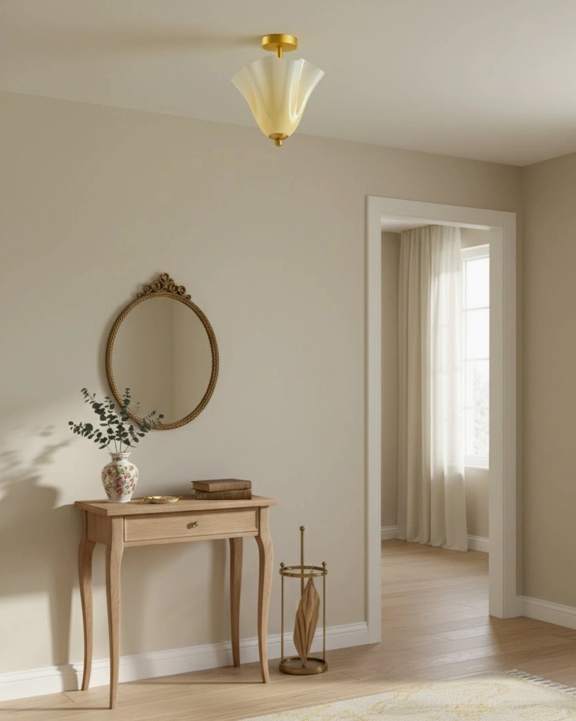 Mido vintage ceiling light in elegant hallway vanity corner with round mirror, neutral luxury decor