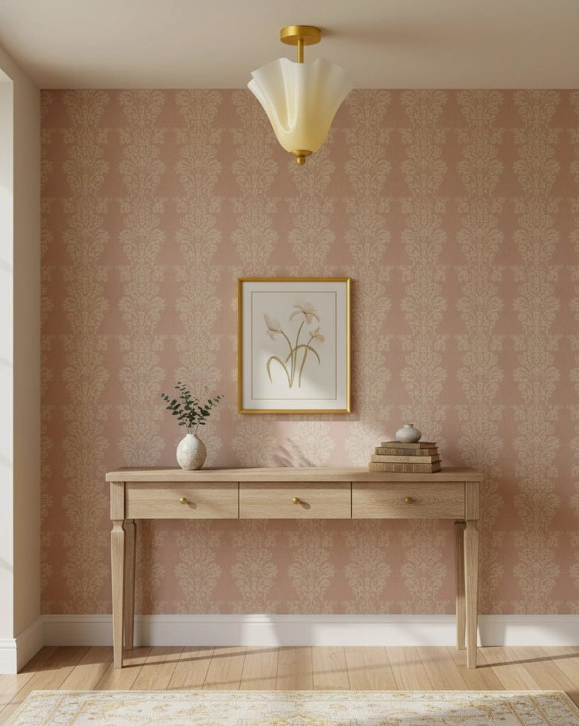 Mido brass ceiling light in French country vanity room with pink wallpaper and wooden console, decorative interior
