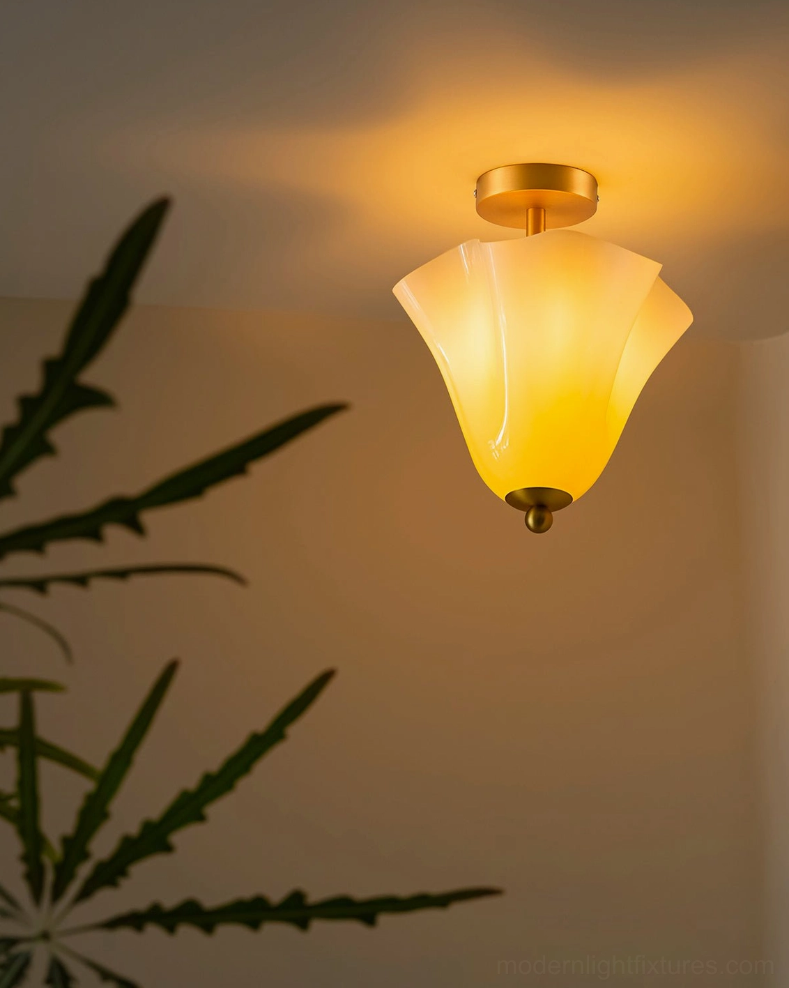 Mido brass ceiling light fixture installed in contemporary home interior, elegant lighting ambiance