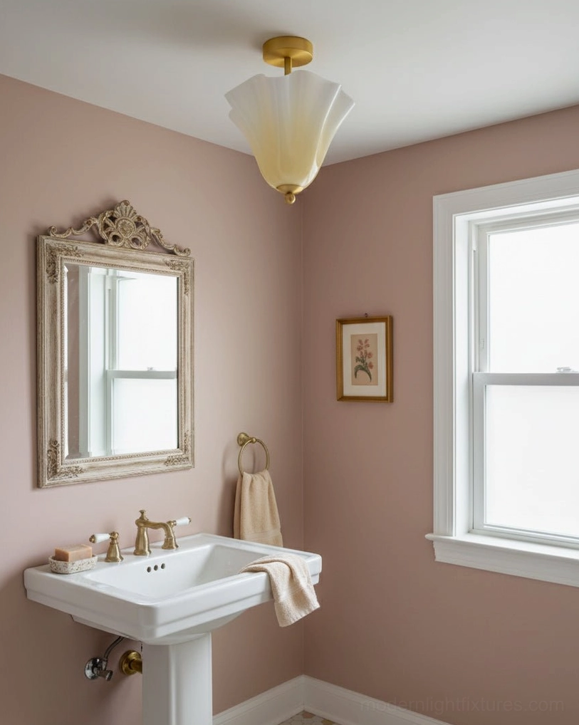 Mido gold brass ceiling light in pink bathroom vanity area, damp-rated French vintage decor