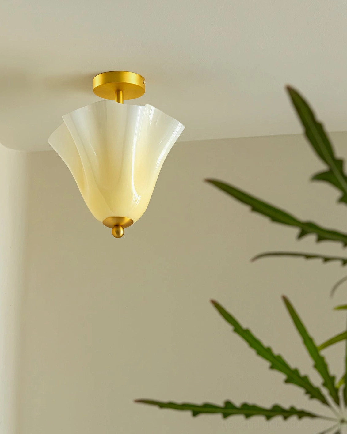 Mido vintage gold brass ceiling light fixture, ruffled milky glass shade design element