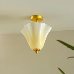 Mido brass ceiling light fixture with gradient yellow fluted glass shade, warm ambient lighting detail