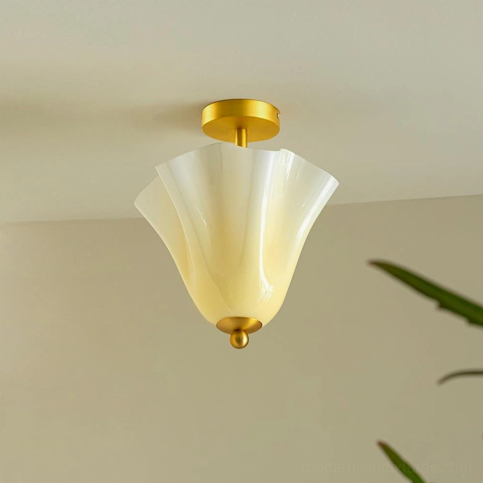 Mido brass ceiling light fixture with gradient yellow fluted glass shade, warm ambient lighting detail