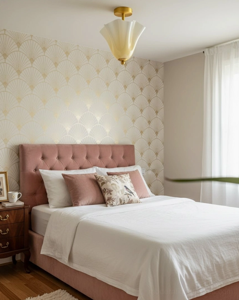 Mido brass ceiling light fixture in master bedroom with pink tufted headboard, vintage romantic ambiance