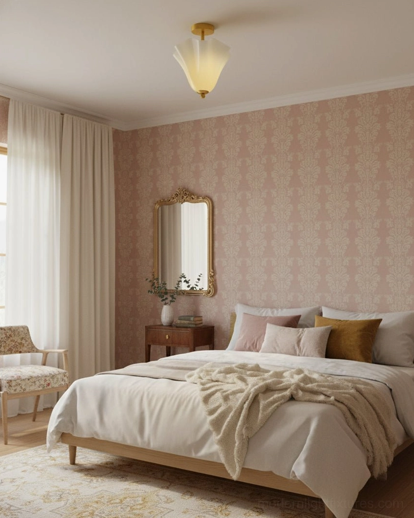 Mido ceiling light fixture in cozy master bedroom with patterned wallpaper, warm vintage lighting