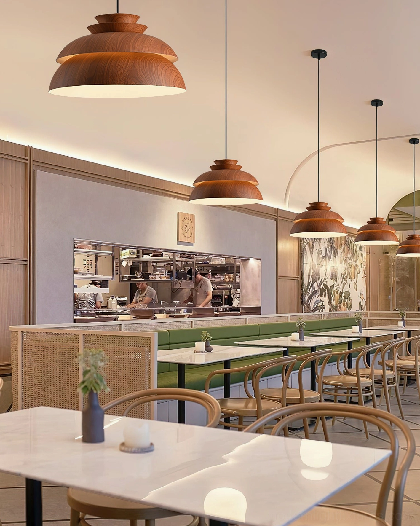 Multiple Midori tiered aluminum pendant lights in commercial cafe dining space, uniform warm wood finish