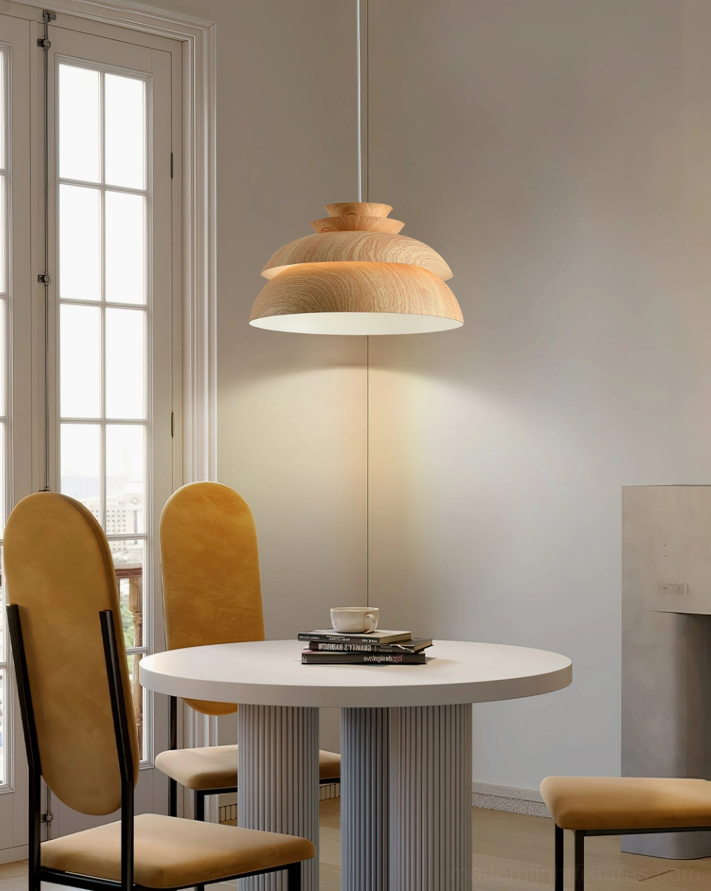 Single Midori tiered pendant light with layered shade in round dining room, beige wood tone