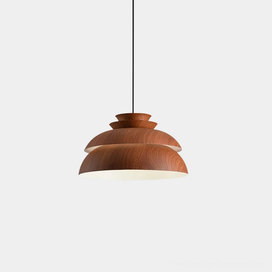 Midori tiered wood pendant light with layered aluminum shade, close-up frontal view showcasing modern pendant light design
