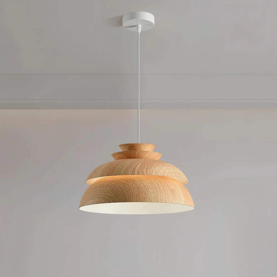 Midori tiered pendant light in walnut color showing aluminum shade construction and finish