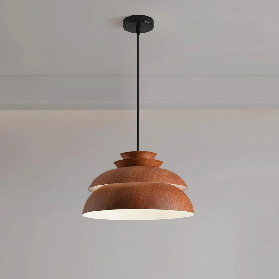 Midori tiered pendant light in walnut color with layered aluminum shade in modern space