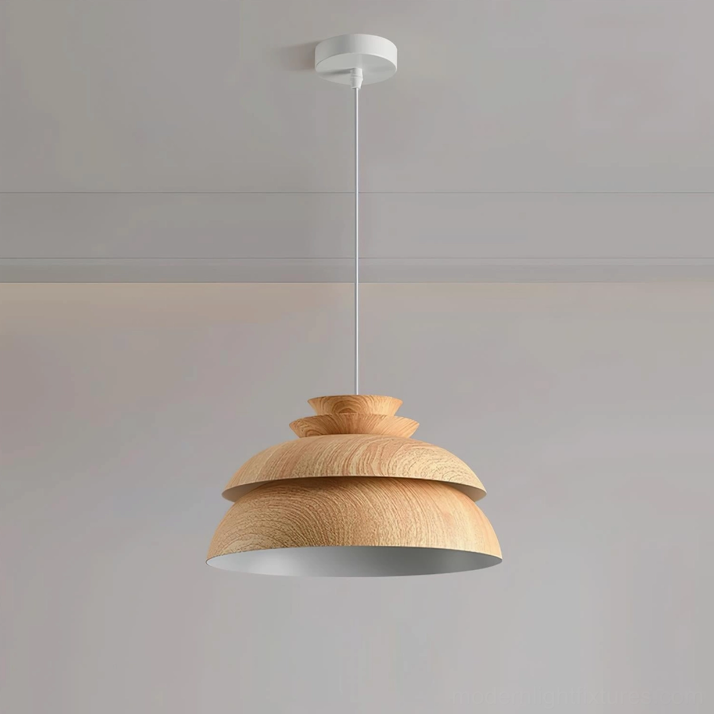 Midori tiered pendant light in wood color variant, modern contemporary interior design