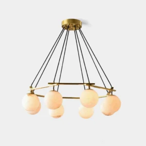 Miira 6-light alabaster globe chandelier with brass frame and frosted alabaster shades, front view product photography