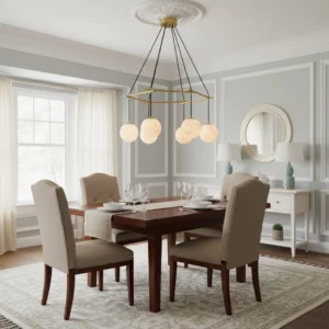 Modern dining room with Miira multi-globe pendant chandelier casting warm ambient light over formal dining table and elegant seating