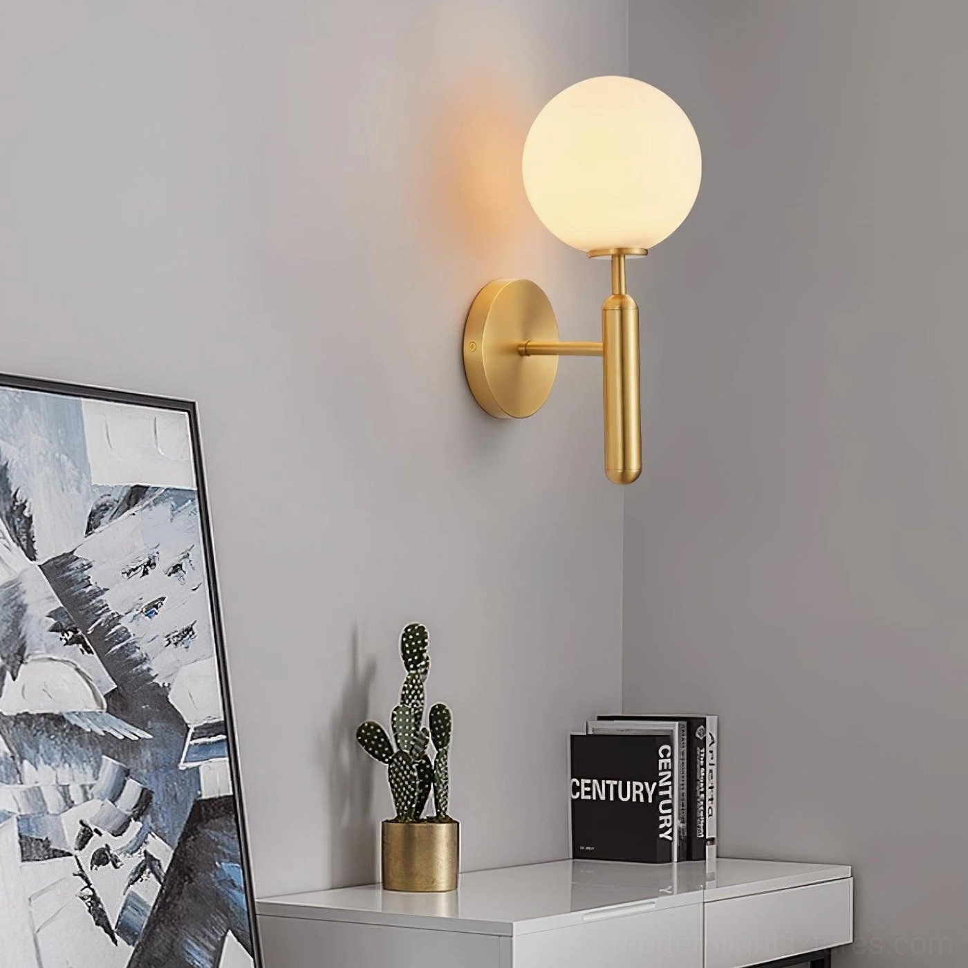 Modern Miira brass sconce accent wall living room interior, contemporary home decor styling