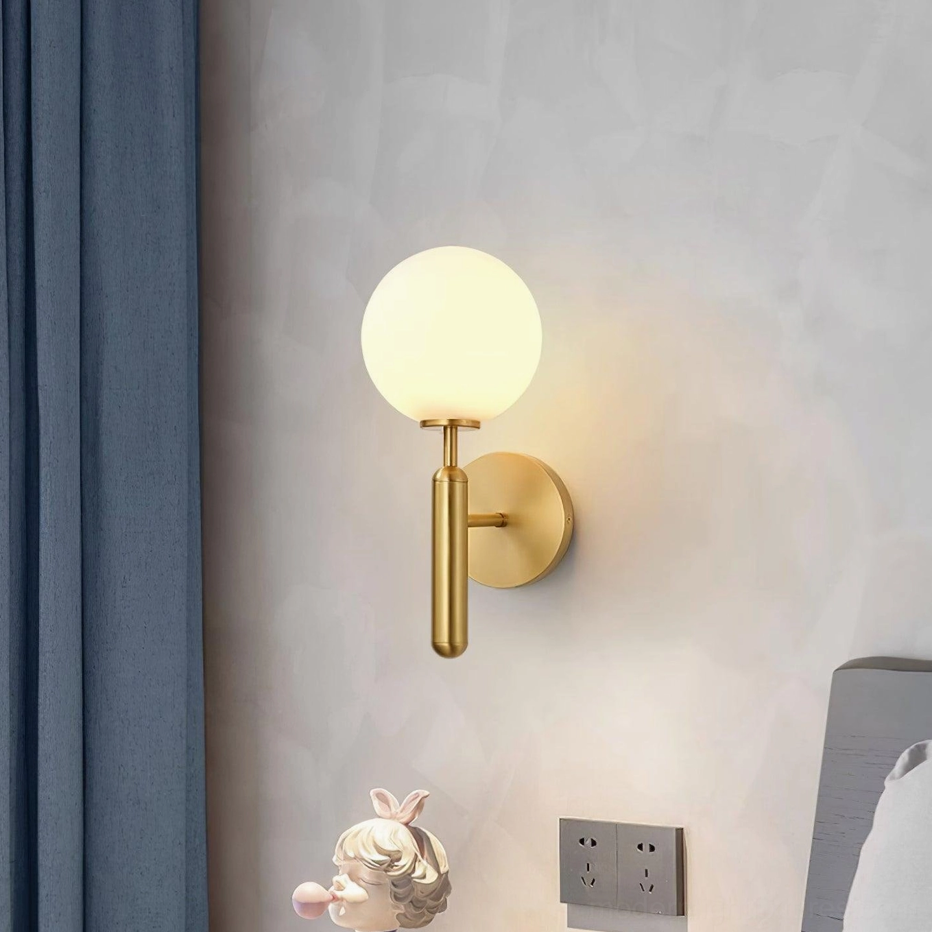 Miira wall sconce bedroom corner ambient lighting, warm glow with blue curtains and minimalist decor