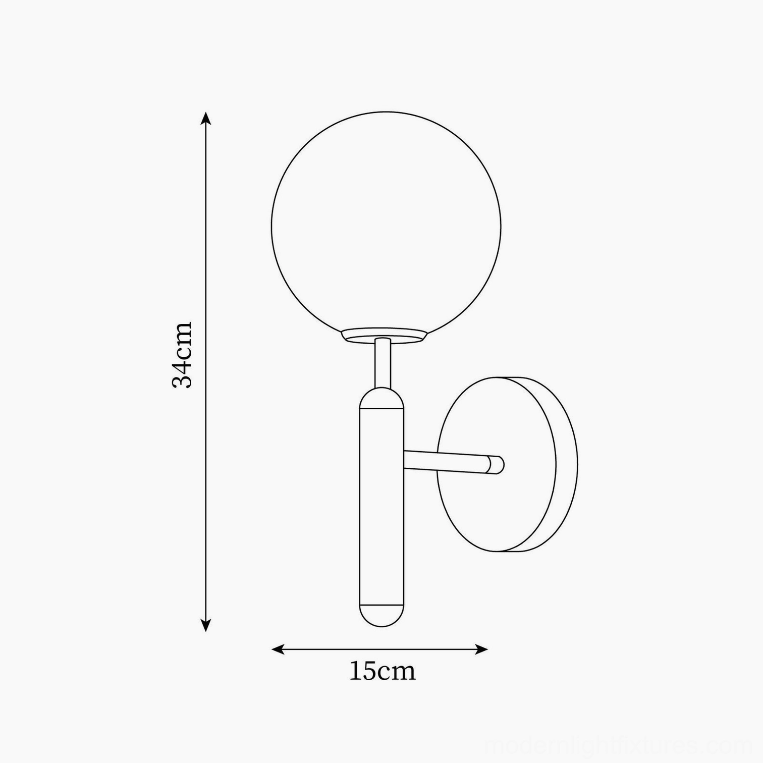 Miira wall sconce technical drawing with orthographic dimensions showing 34cm height and 15cm diameter