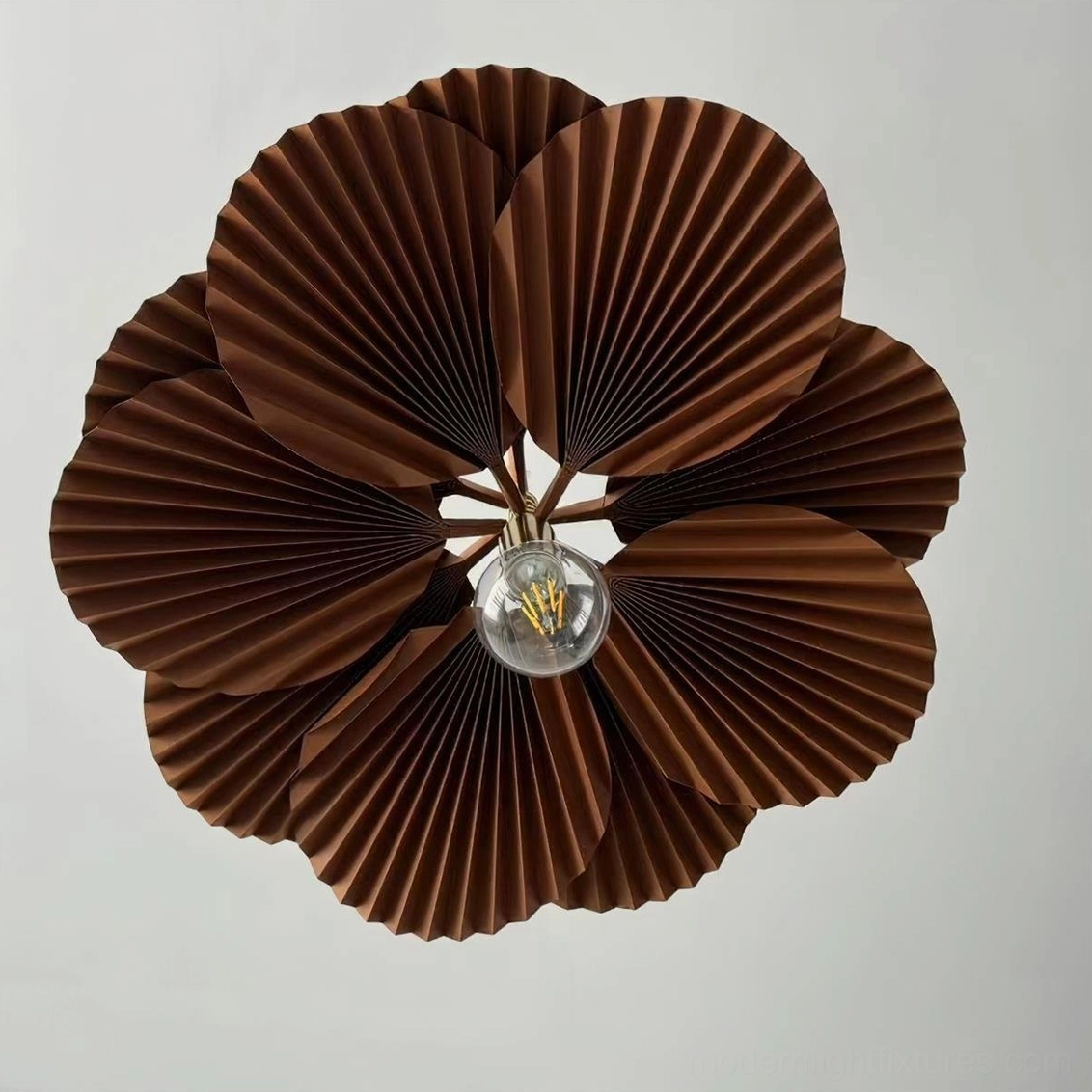 Bottom-up view of Mikado pendant lamp showing layered pleated petal design and central vintage bulb