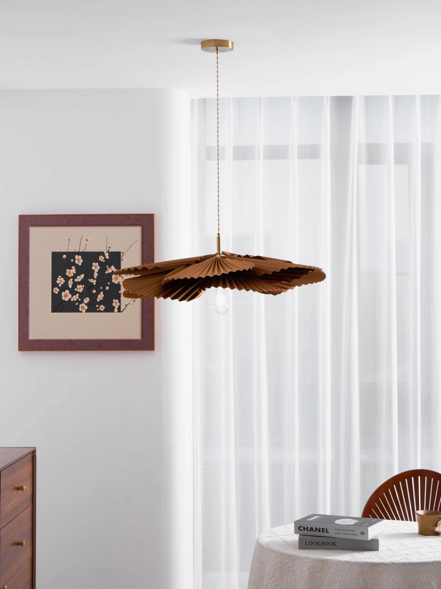 Mikado sculptural pleated pendant fixture with adjustable 150cm wire length for custom hanging height