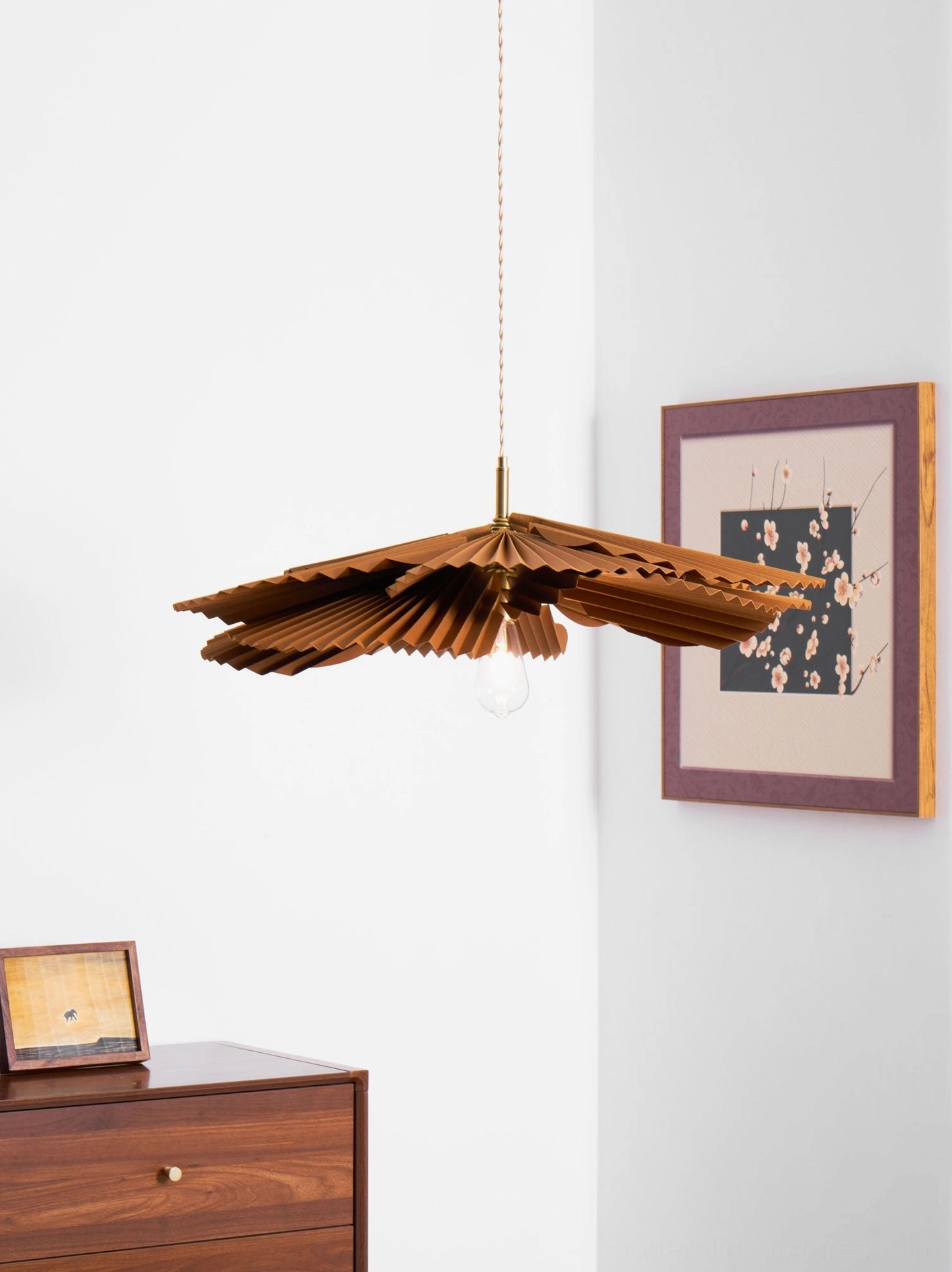 Mikado pleated pendant lamp paired with dimmer switch creating customizable mood lighting environment