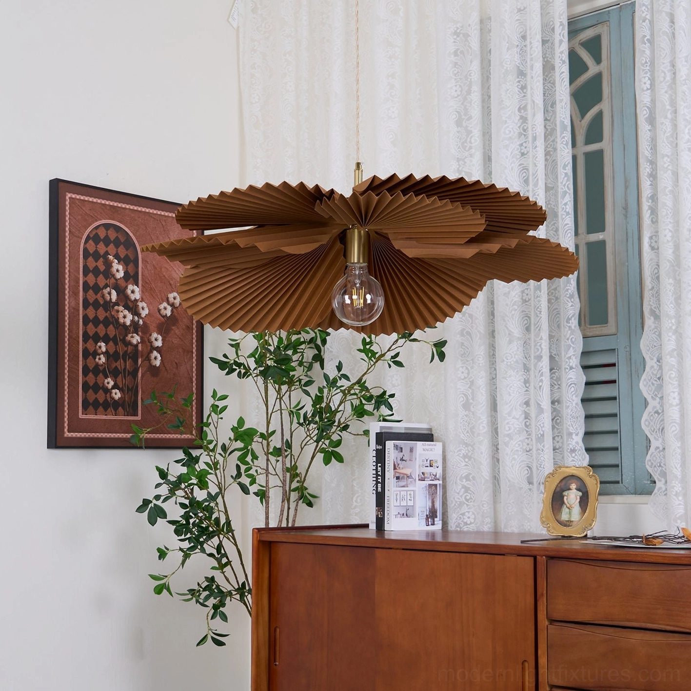 Mikado pleated pendant light in modern minimalist living room setting with contemporary furnishings