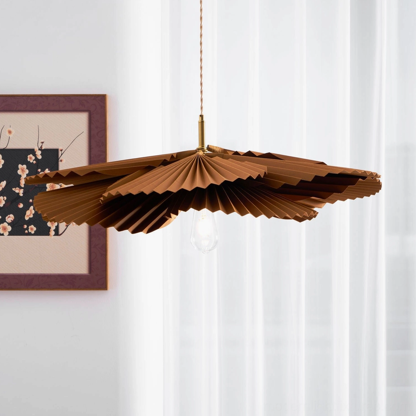 Mikado pendant light size comparison showing 60cm, 80cm, and 100cm diameter options in brown kraft paper