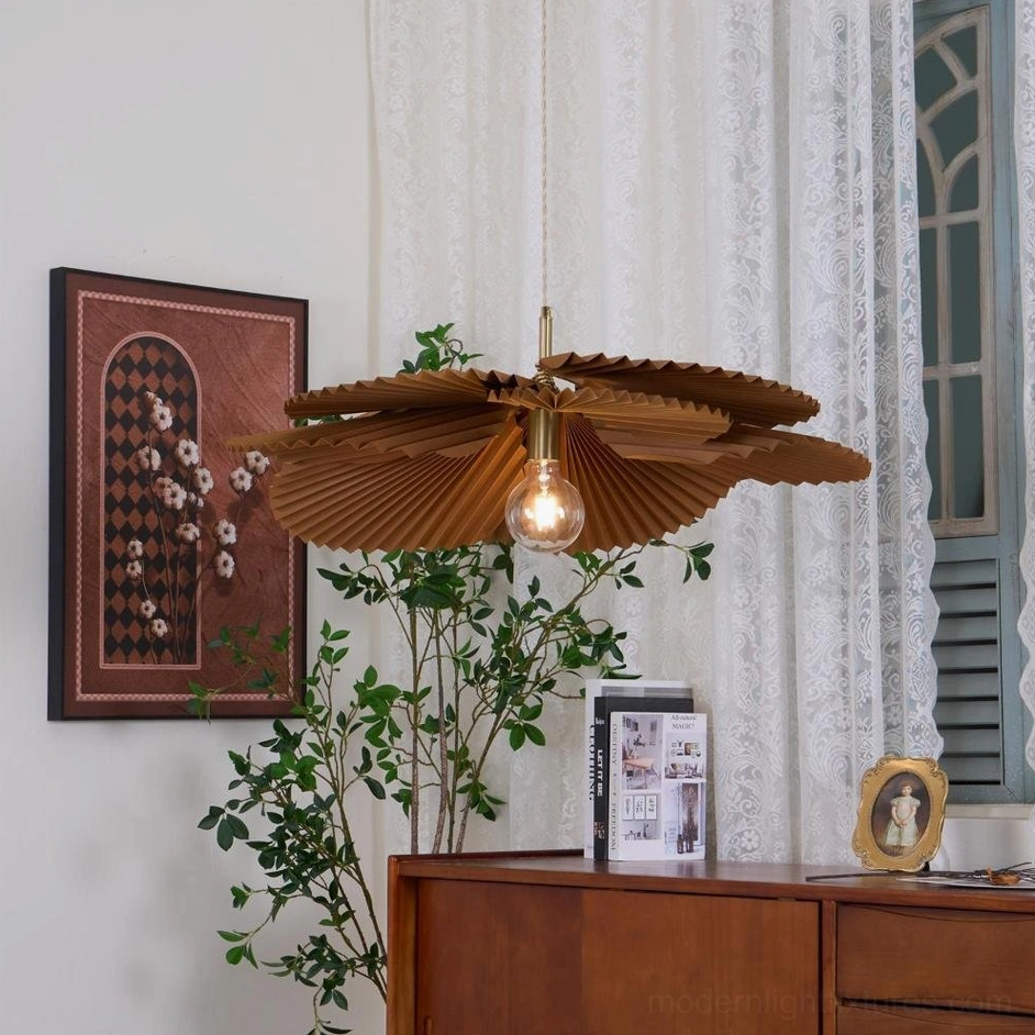 Mikado sculptural pleated pendant lamp product shot showing brown kraft paper construction and design detail