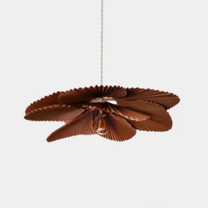 Mikado pleated pendant light with fan-like petal shade in brown kraft paper, front view with exposed vintage brass fixture