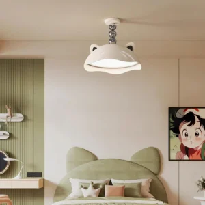Miki cat-ear ceiling lamp installed in kids bedroom with green headboard and scalloped lamp rim