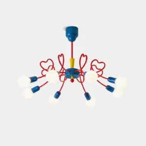 Milana heart-shaped sputnik chandelier front view with blue red and yellow metal arms on white background