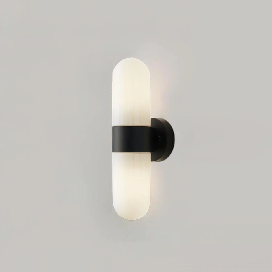 Milano wall sconce with matte black metal frame and frosted tubular glass shade - front view